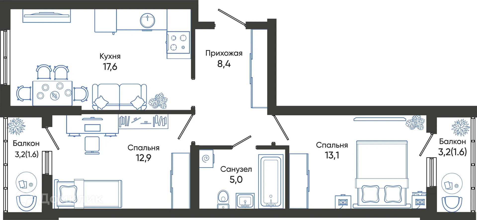 Планировка 2-комнатной квартиры 60.2 м² в ЖК ОБЛАКА, г. Новороссийск — фото 1
