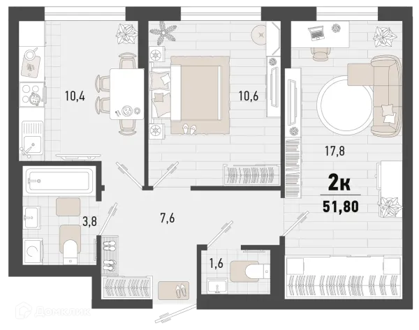 Планировка 2 комн. в ЖК Барса