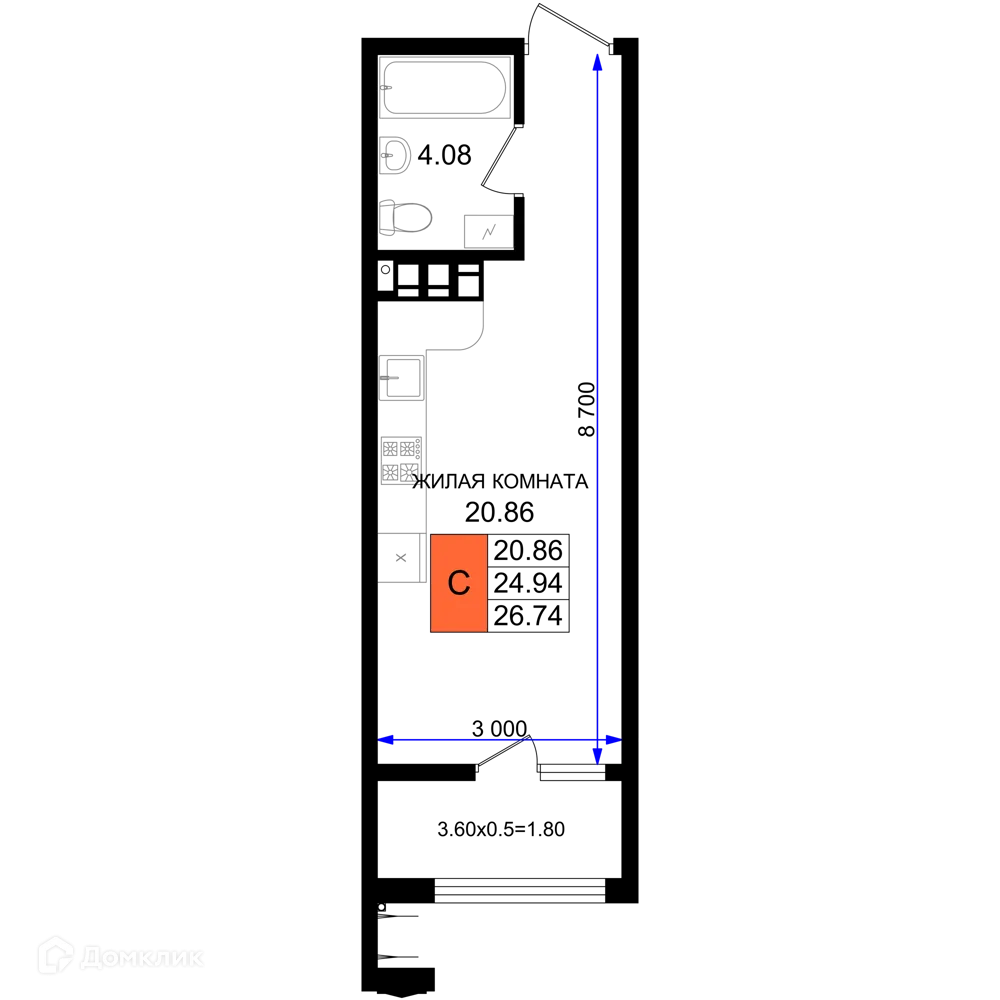 Планировка студии квартиры 26.74 м² в ЖК Резиденция морей, г. Новороссийск — фото 1