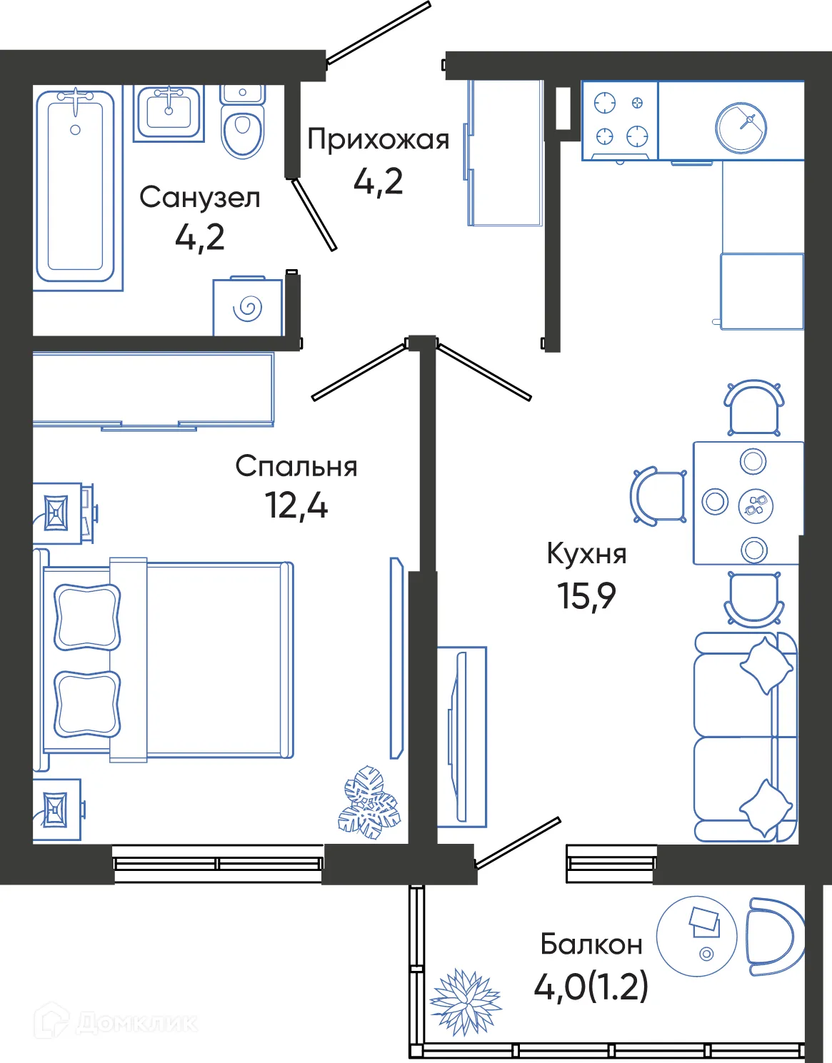 Планировка 1-комнатной квартиры 37.9 м² в ЖК ОБЛАКА, г. Новороссийск — фото 1