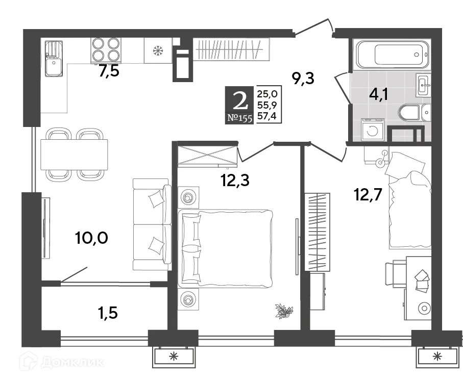 Планировка 2-комнатной квартиры 57.4 м² в ЖК Порто Ново, г. Новороссийск — фото 2