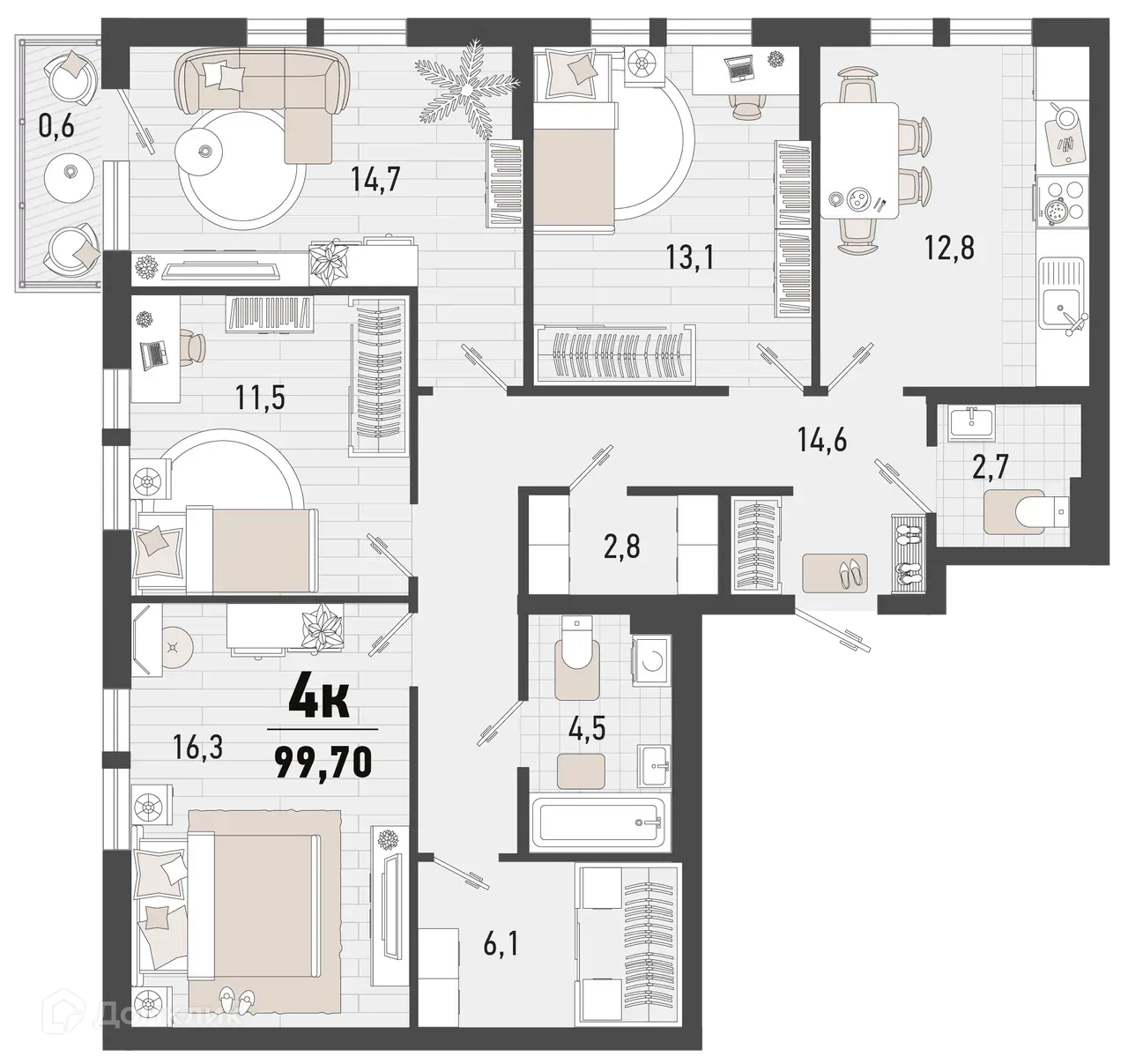 Планировка 4-комнатной квартиры 99.7 м² в ЖК Барса, г. Новороссийск — фото 1