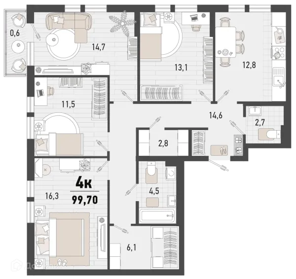 Планировка 4 комн. в ЖК Барса