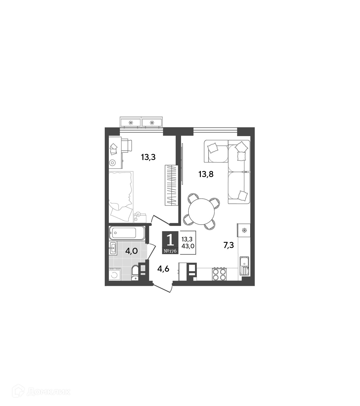 Планировка 1-комнатной квартиры 43 м² в ЖК Порто Ново, г. Новороссийск — фото 2