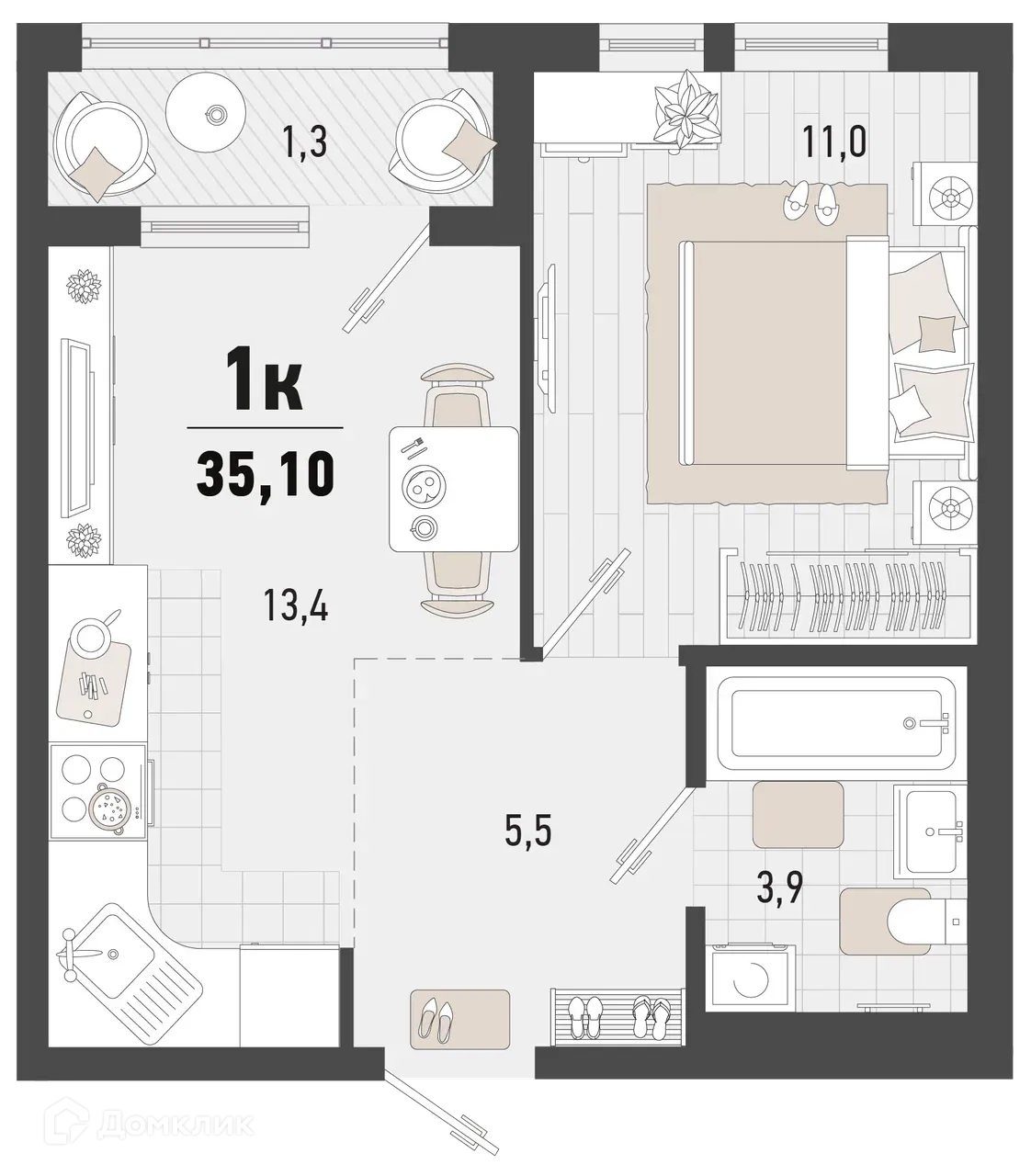 Планировка 1-комнатной квартиры 35.1 м² в ЖК Барса, г. Новороссийск — фото 1