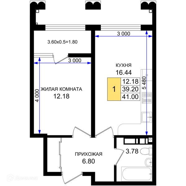 Планировка 1 комн. в ЖК Резиденция морей