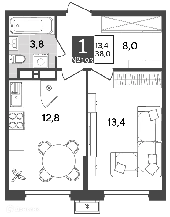 Планировка 1-комнатной квартиры 38 м² в ЖК Порто Ново, г. Новороссийск — фото 2