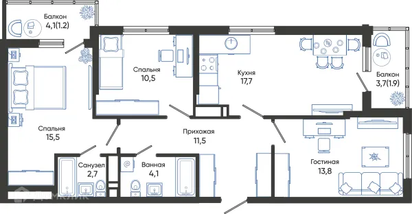 Планировка 3 комн. в ЖК ОБЛАКА