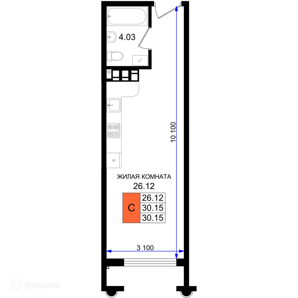 Планировка студии квартиры 30.15 м² в ЖК Резиденция морей, г. Новороссийск — фото 1