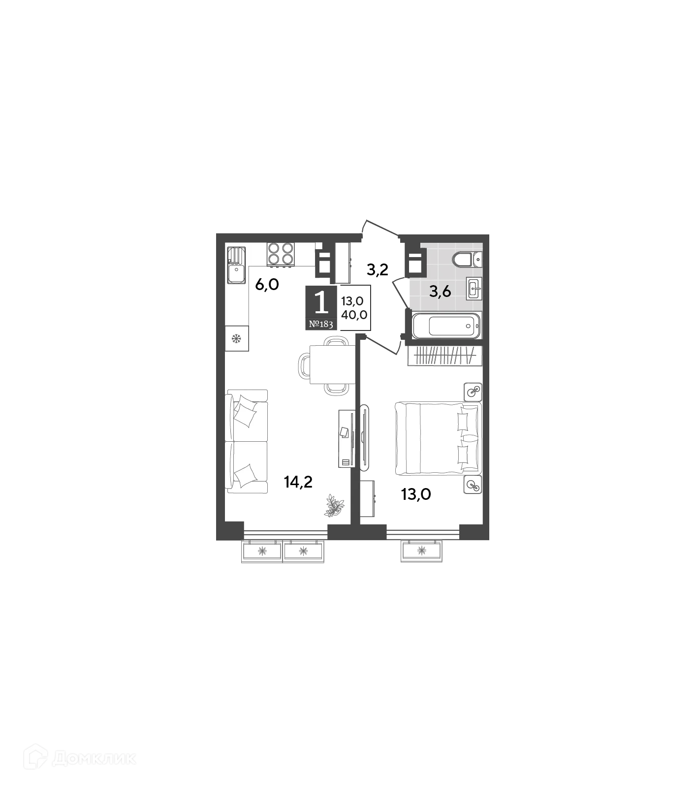 Планировка 1-комнатной квартиры 40 м² в ЖК Порто Ново, г. Новороссийск — фото 2