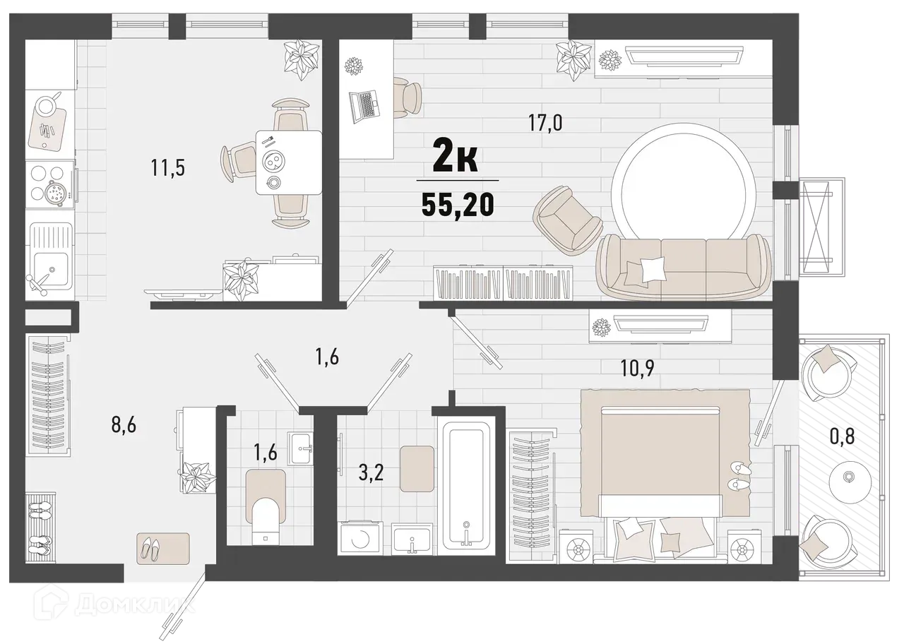 Планировка 2-комнатной квартиры 55.2 м² в ЖК Барса, г. Новороссийск — фото 1