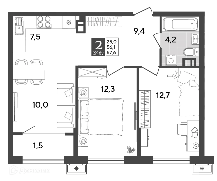 Планировка 2-комнатной квартиры 57.6 м² в ЖК Порто Ново, г. Новороссийск — фото 2