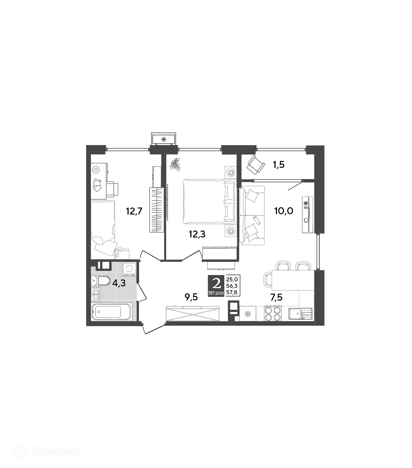 Планировка 2-комнатной квартиры 57.8 м² в ЖК Порто Ново, г. Новороссийск — фото 2