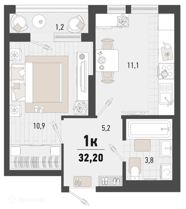 Планировка 1 комн. в ЖК Барса