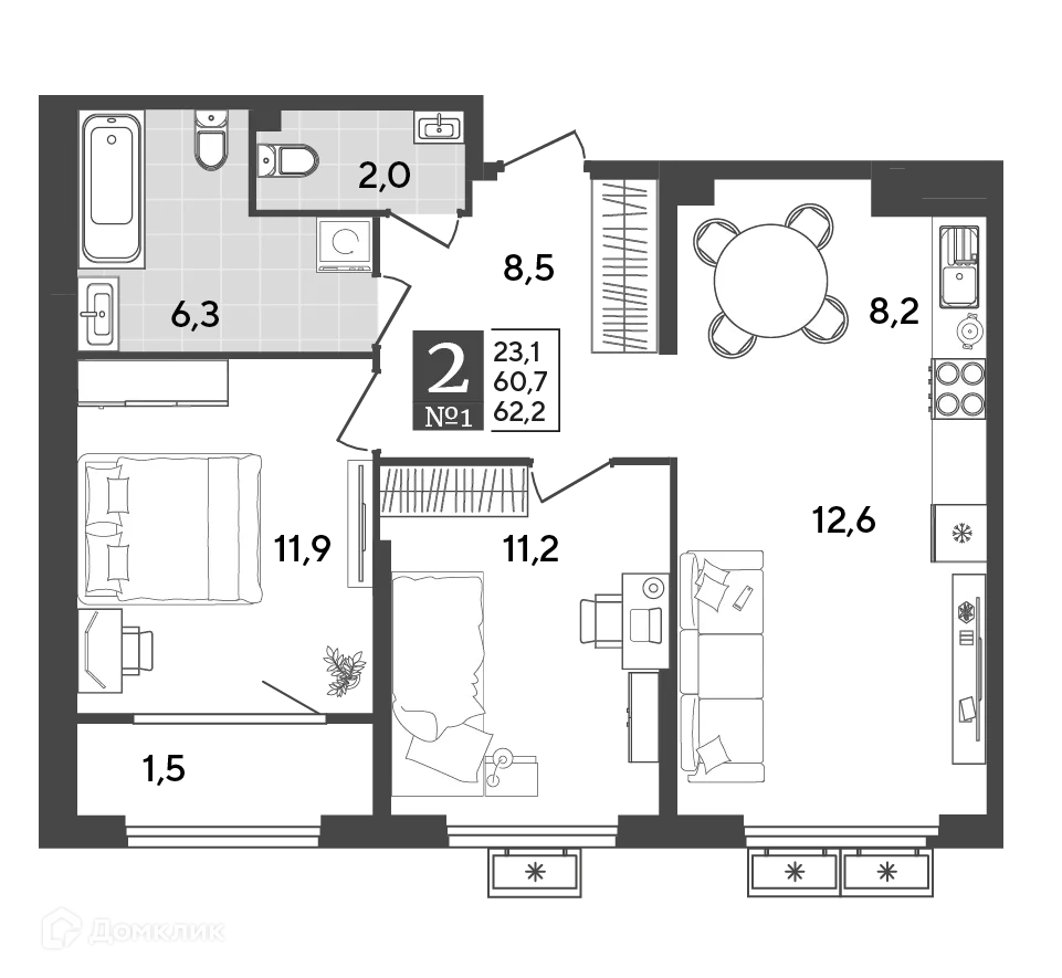 Планировка 2-комнатной квартиры 62.2 м² в ЖК Порто Ново, г. Новороссийск — фото 2