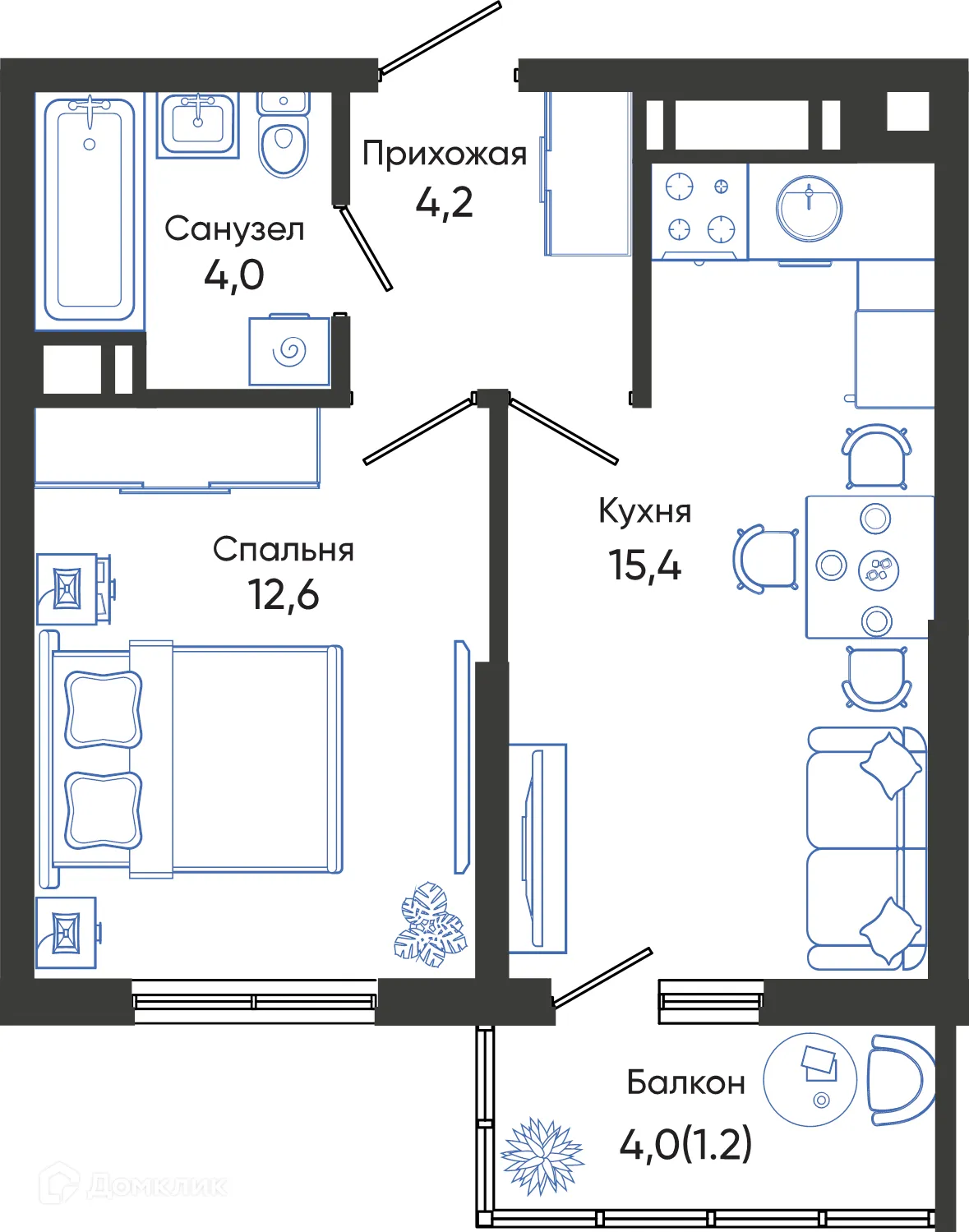 Планировка 1-комнатной квартиры 37.4 м² в ЖК ОБЛАКА, г. Новороссийск — фото 1