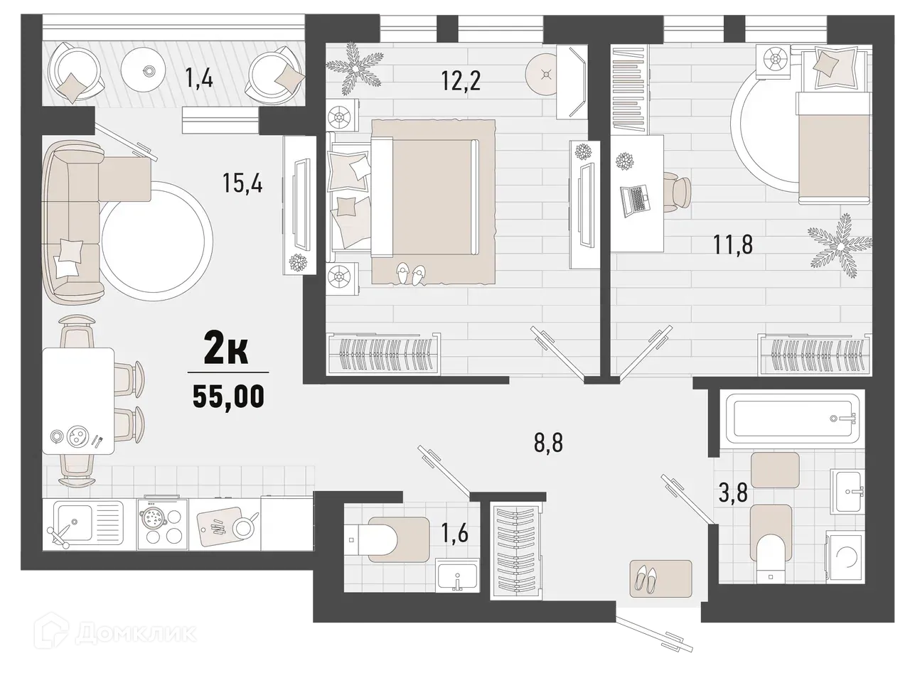 Планировка 2-комнатной квартиры 55 м² в ЖК Барса, г. Новороссийск — фото 1