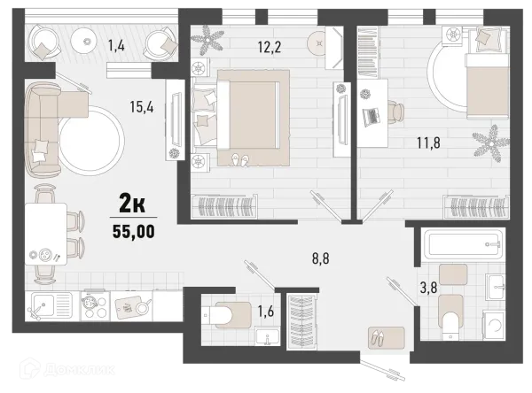 Планировка 2 комн. в ЖК Барса