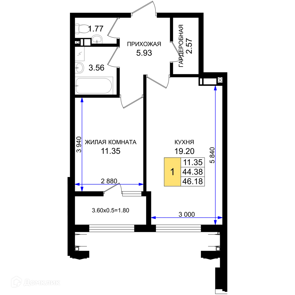 Планировка 1-комнатной квартиры 46.18 м² в ЖК Резиденция морей, г. Новороссийск — фото 1