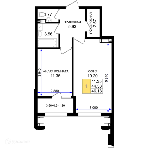 Планировка 1 комн. в ЖК Резиденция морей