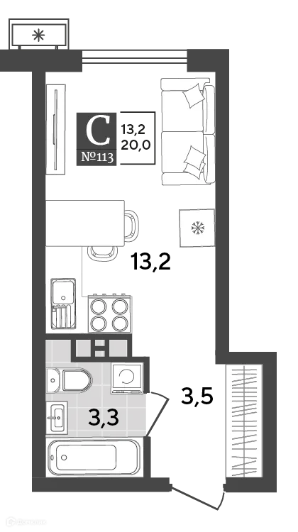 Планировка студии квартиры 20 м² в ЖК Порто Ново, г. Новороссийск — фото 2