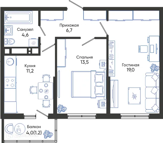 Планировка 2-комнатной квартиры 56.2 м² в ЖК ОБЛАКА, г. Новороссийск — фото 1