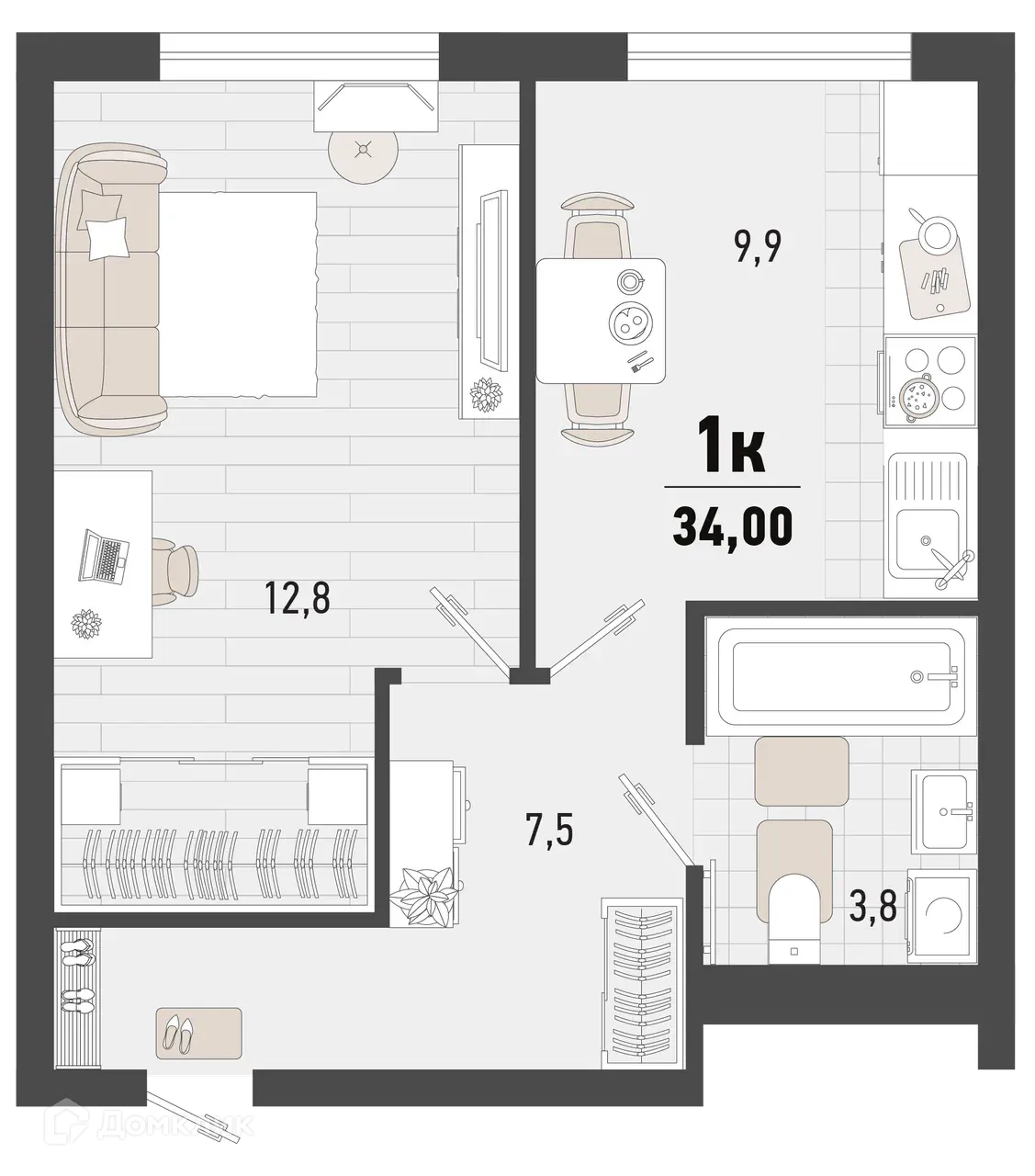 Планировка 1-комнатной квартиры 34 м² в ЖК Барса, г. Новороссийск — фото 1