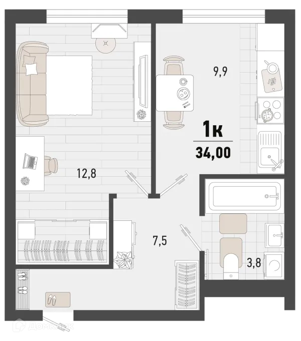 Планировка 1 комн. в ЖК Барса