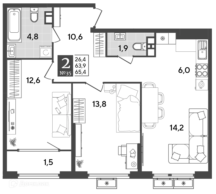 Планировка 2-комнатной квартиры 65.4 м² в ЖК Порто Ново, г. Новороссийск — фото 2