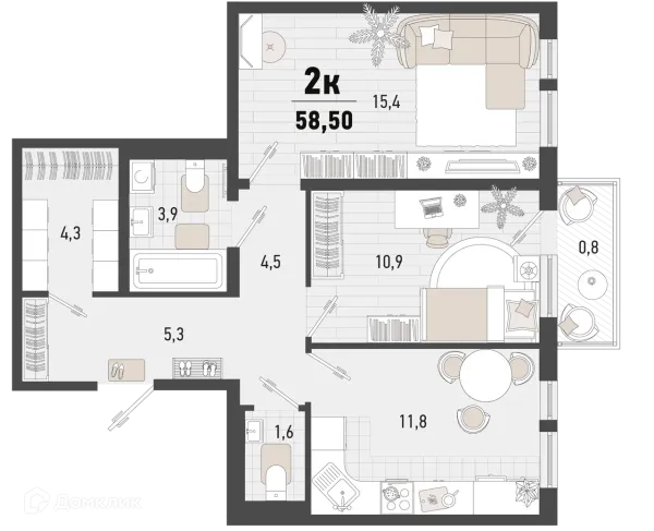 Планировка 2 комн. в ЖК Барса