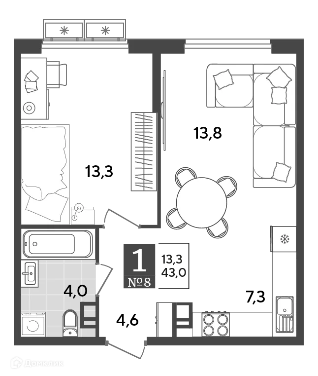 Планировка 1-комнатной квартиры 43 м² в ЖК Порто Ново, г. Новороссийск — фото 2