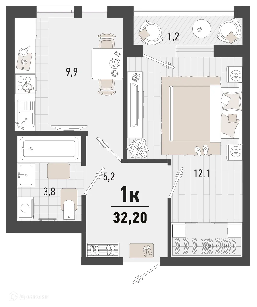 Планировка 1-комнатной квартиры 32.2 м² в ЖК Барса, г. Новороссийск — фото 1