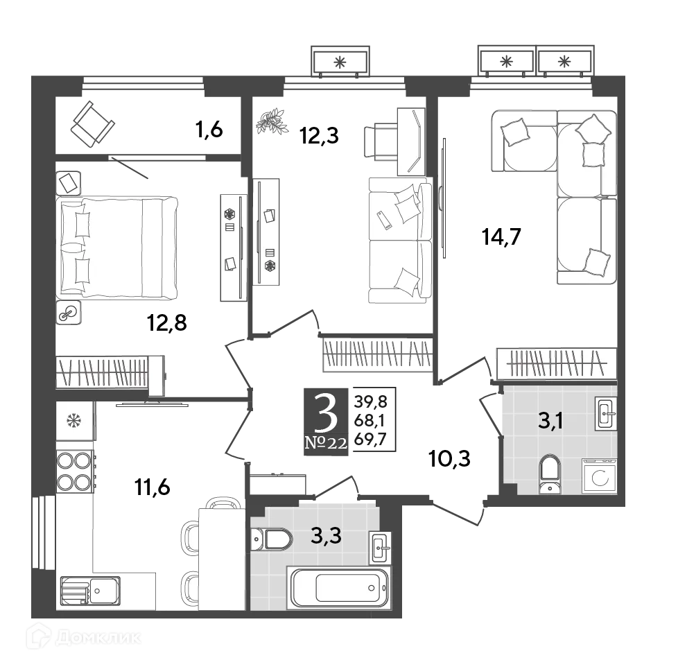 Планировка 3-комнатной квартиры 69.7 м² в ЖК Порто Ново, г. Новороссийск — фото 2