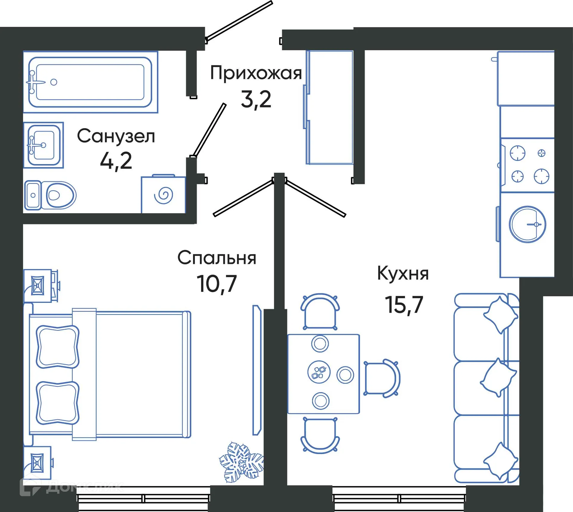 Планировка 1-комнатной квартиры 33.8 м² в ЖК ОБЛАКА, г. Новороссийск — фото 1