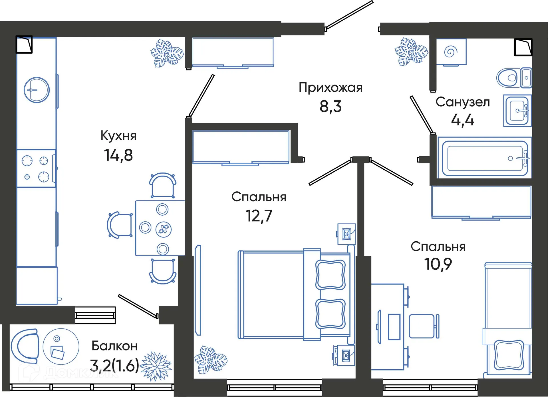 Планировка 2-комнатной квартиры 52.7 м² в ЖК ОБЛАКА, г. Новороссийск — фото 1
