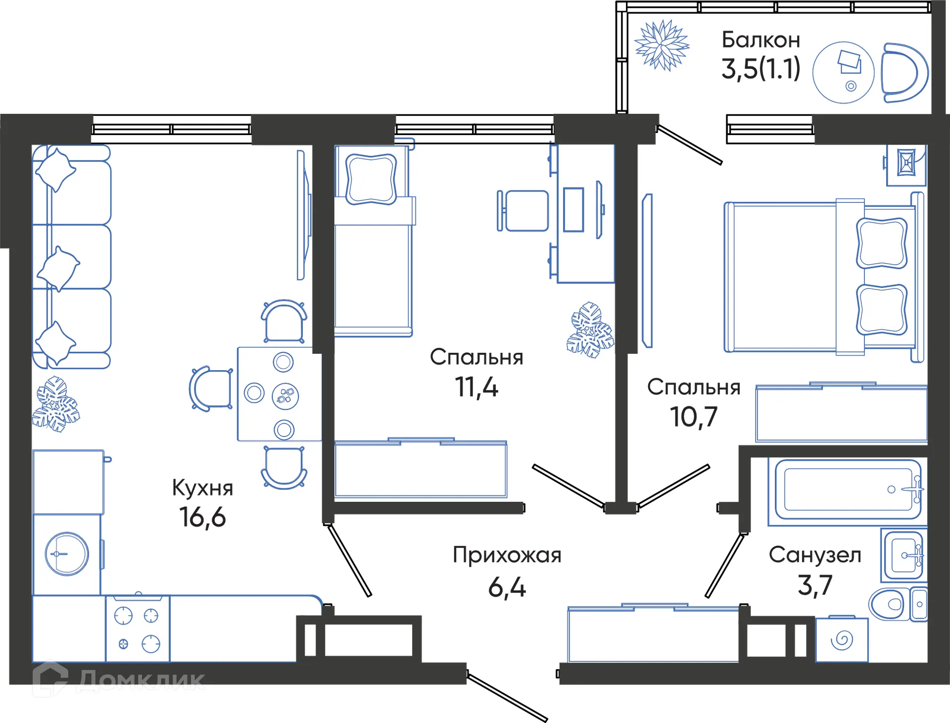 Планировка 2-комнатной квартиры 49.9 м² в ЖК ОБЛАКА, г. Новороссийск — фото 1