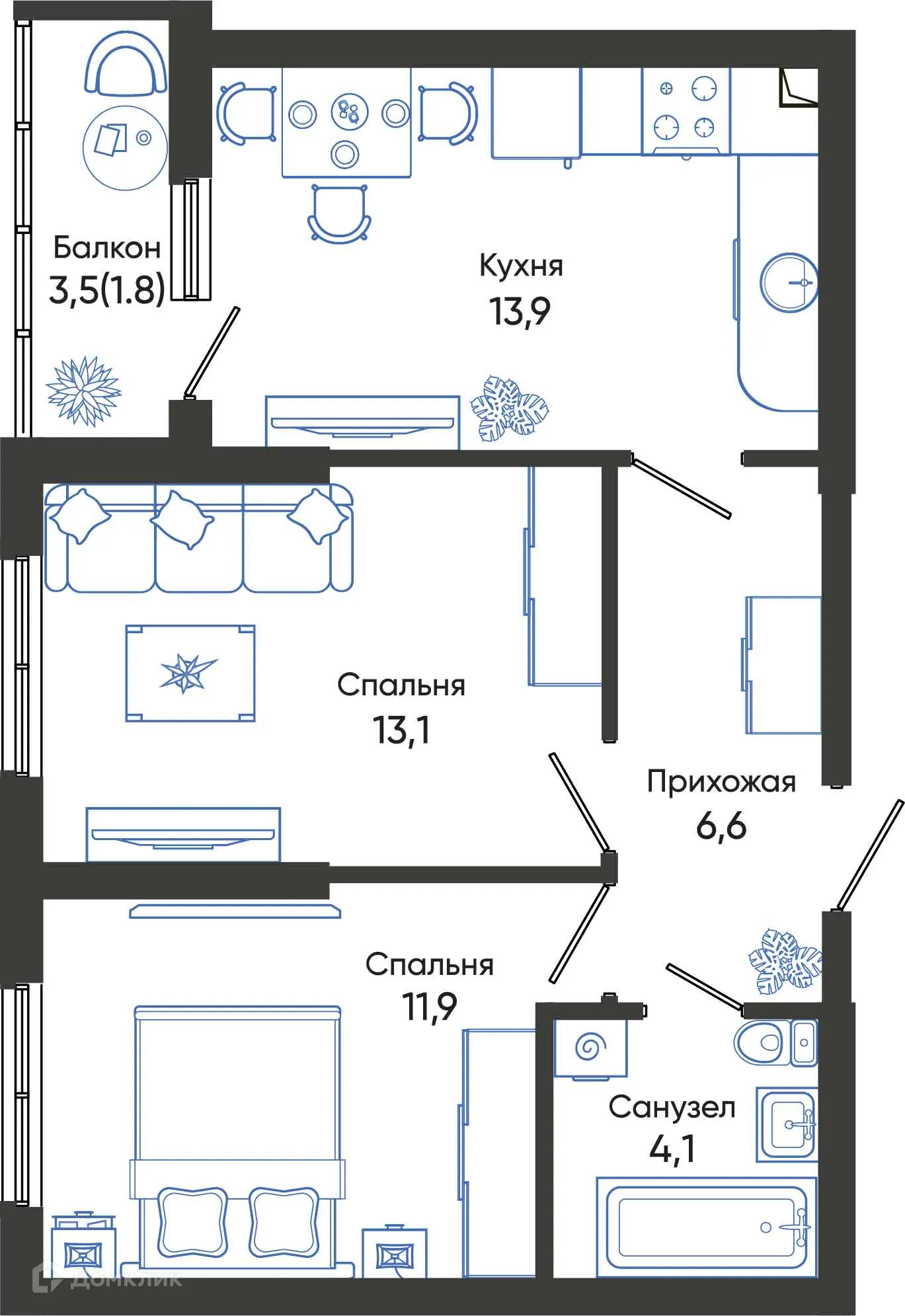 Планировка 2-комнатной квартиры 51.4 м² в ЖК ОБЛАКА, г. Новороссийск — фото 1