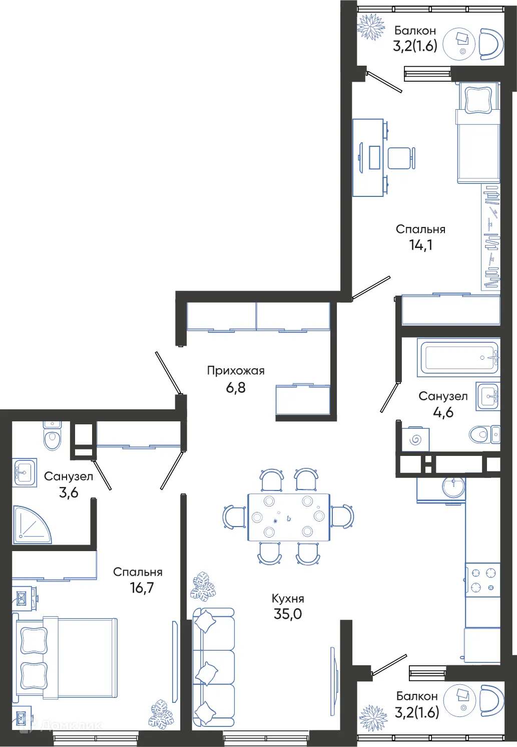 Планировка 2-комнатной квартиры 84 м² в ЖК ОБЛАКА, г. Новороссийск — фото 1