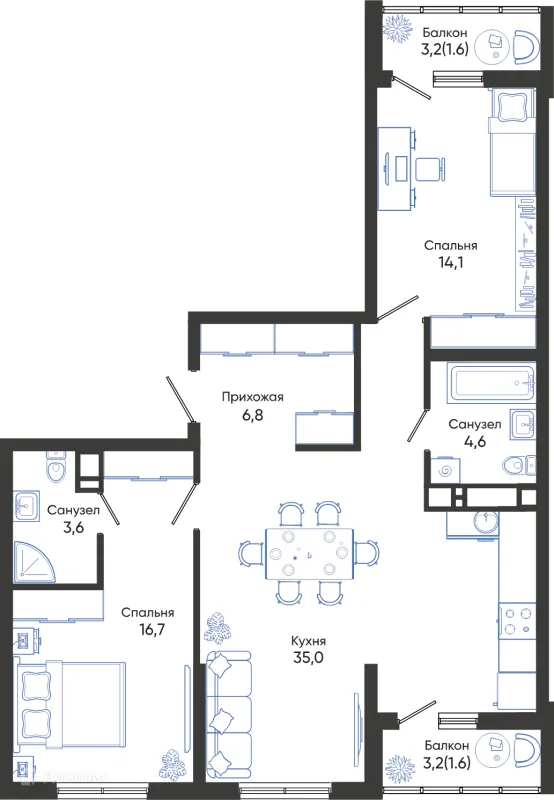 Планировка 2 комн. в ЖК ОБЛАКА