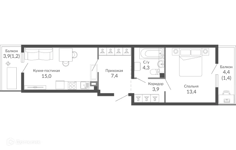 Планировка 1-комнатной квартиры 46.5 м² в ЖК ОБЛАКА, г. Новороссийск — фото 1