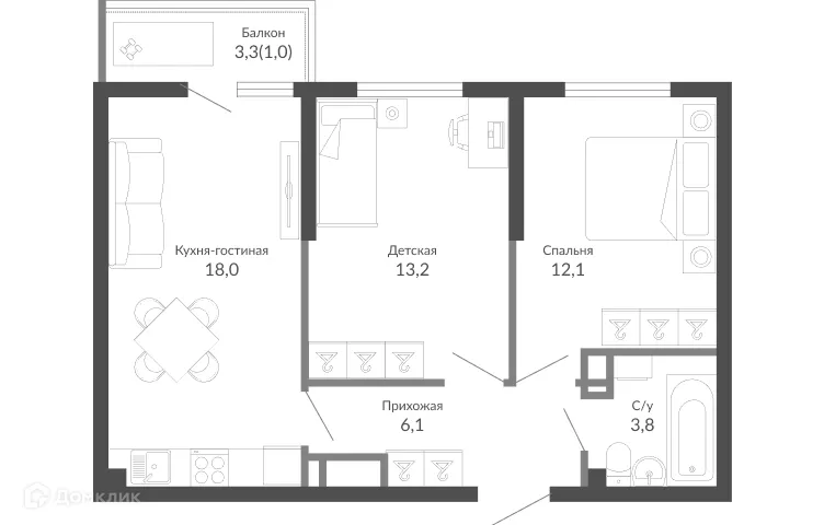 Планировка 2-комнатной квартиры 54.1 м² в ЖК ОБЛАКА, г. Новороссийск — фото 1