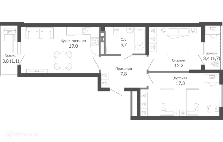 Планировка 2-комнатной квартиры 64.5 м² в ЖК ОБЛАКА, г. Новороссийск — фото 1