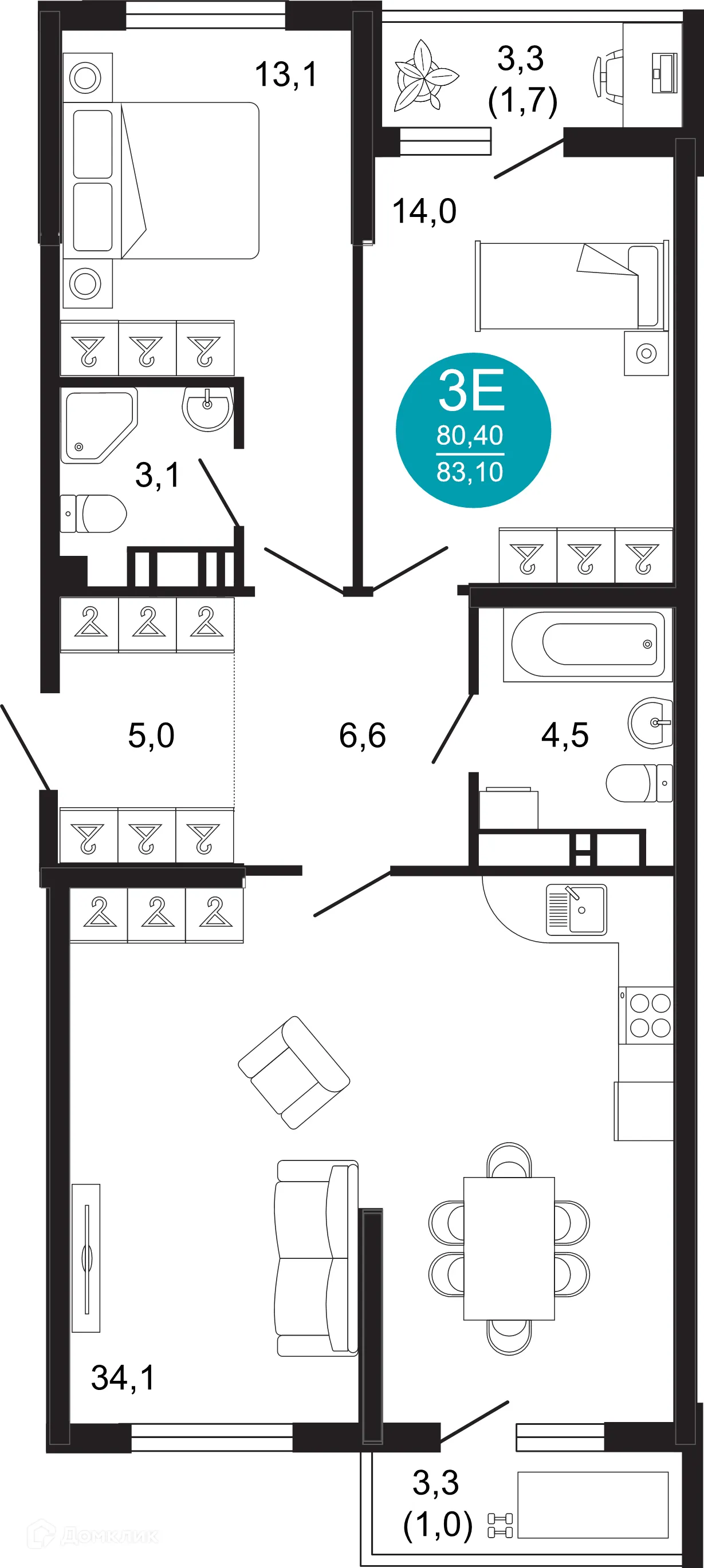 Планировка 2-комнатной квартиры 83.1 м² в ЖК ОБЛАКА, г. Новороссийск — фото 1