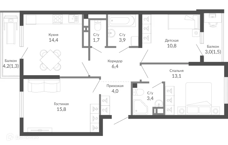 Планировка 3-комнатной квартиры 76.4 м² в ЖК ОБЛАКА, г. Новороссийск — фото 1