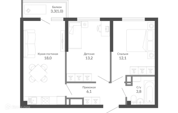 Планировка 2 комн. в ЖК ОБЛАКА