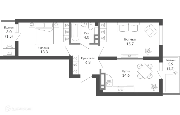 Планировка 2-комнатной квартиры 56.7 м² в ЖК ОБЛАКА, г. Новороссийск — фото 1