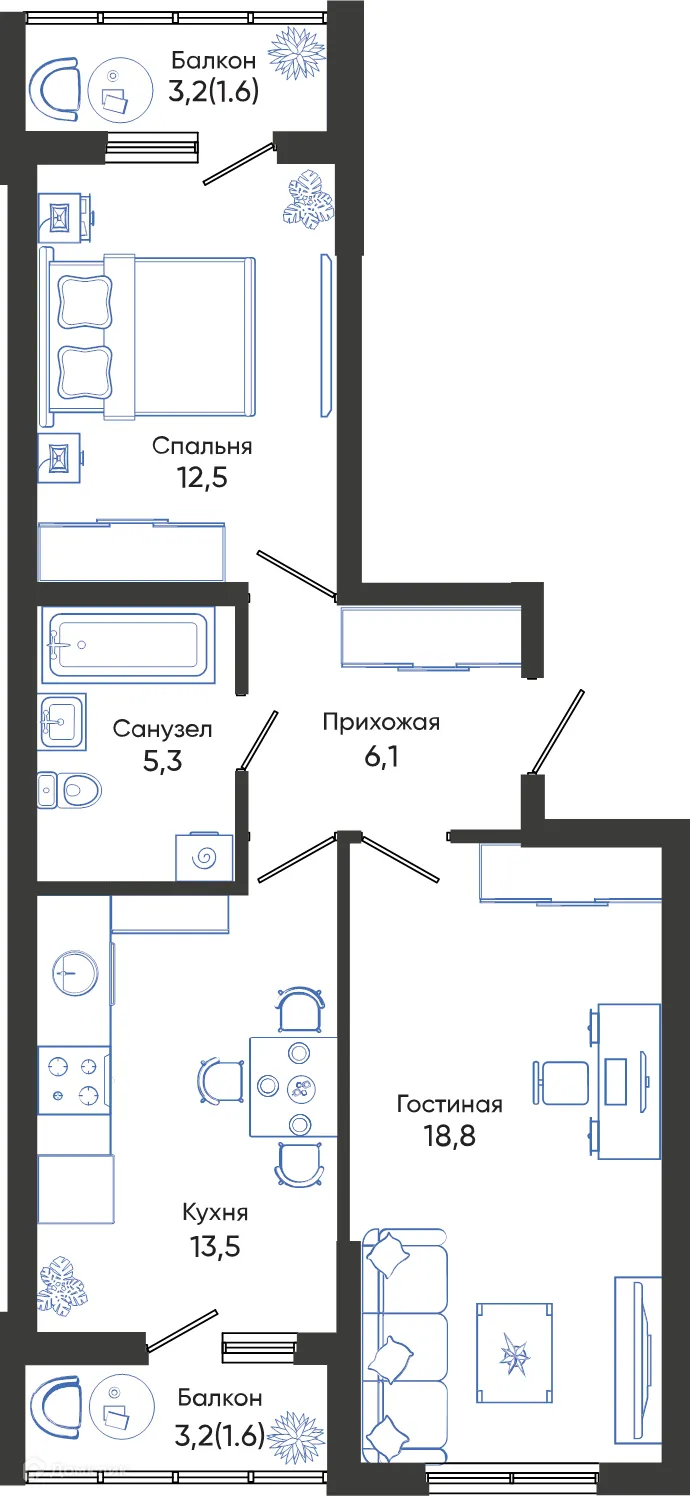 Планировка 2-комнатной квартиры 59.4 м² в ЖК ОБЛАКА, г. Новороссийск — фото 1