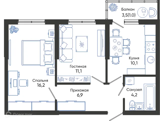 Планировка 2-комнатной квартиры 49.5 м² в ЖК ОБЛАКА, г. Новороссийск — фото 1