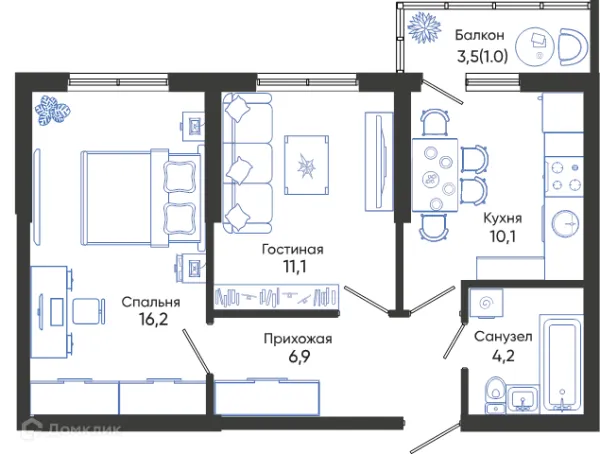 Планировка 2 комн. в ЖК ОБЛАКА