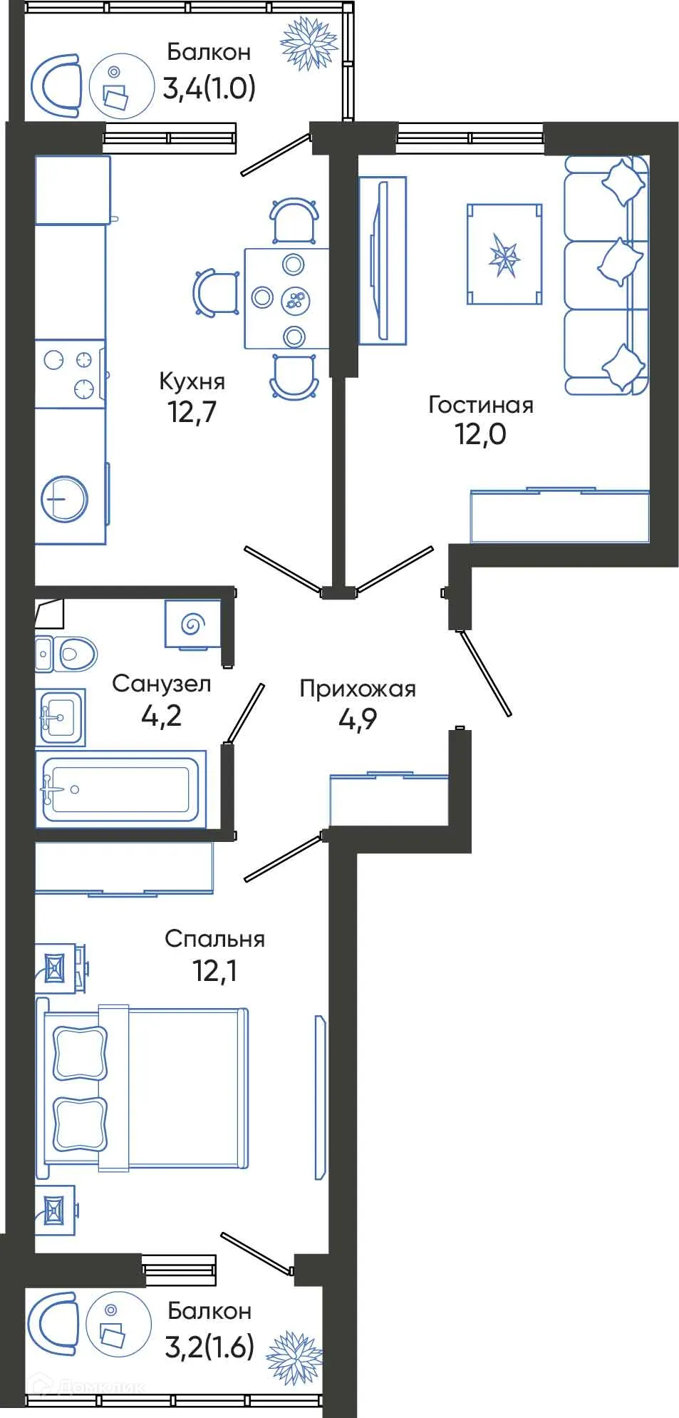Планировка 2-комнатной квартиры 48.5 м² в ЖК ОБЛАКА, г. Новороссийск — фото 1